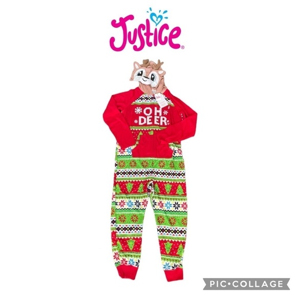 Justice kids Christmas Reindeer pjs onesie jumpsuit unisex size 6/7 NEW - Picture 1 of 9